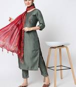 Mehendi embroidered silk blend Kurta Pant With Dupatta