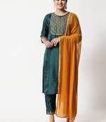 Dark-green embroidered cotton silk Kurta Pant With Dupatta