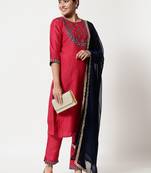Red embroidered cotton silk Kurta Pant With Dupatta