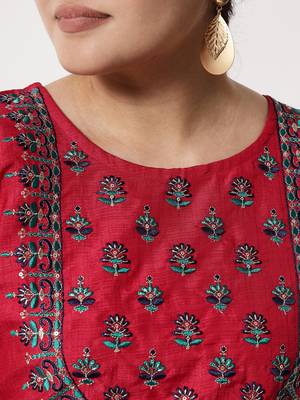 Red embroidered cotton silk Kurta Pant With Dupatta 2
