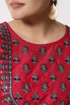 Red embroidered cotton silk Kurta Pant With Dupatta