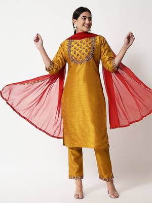 Mustard embroidered cotton silk Kurta Pant With Dupatta 1