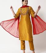 Mustard embroidered cotton silk Kurta Pant With Dupatta