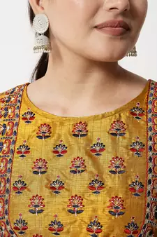 Mustard embroidered cotton silk Kurta Pant With Dupatta
