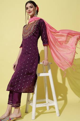 Purple embroidered silk blend Kurta Pant With Dupatta