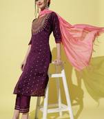 Purple embroidered silk blend Kurta Pant With Dupatta