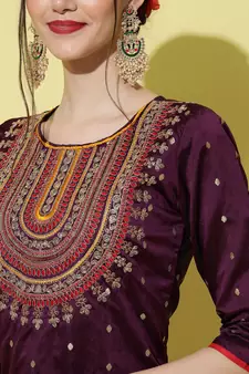 Purple embroidered silk blend Kurta Pant With Dupatta