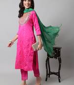 Pink embroidered silk blend Kurta Pant With Dupatta