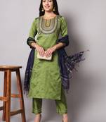 Mehendi embroidered silk blend Kurta Pant With Dupatta
