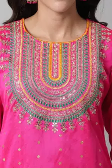 Pink embroidered silk blend Kurta Pant With Dupatta