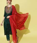 Dark-green embroidered silk blend Kurta Pant With Dupatta
