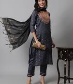 Grey embroidered silk blend Kurta Pant With Dupatta