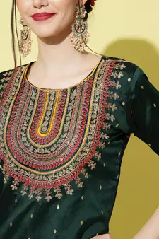 Dark-green embroidered silk blend Kurta Pant With Dupatta