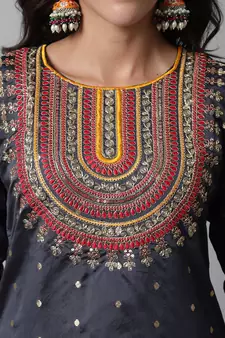 Grey embroidered silk blend Kurta Pant With Dupatta