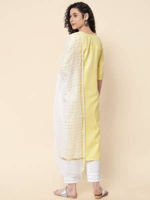 Yellow embroidered cotton Kurta Pant With Dupatta 4