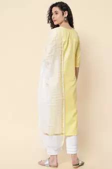 Yellow embroidered cotton Kurta Pant With Dupatta