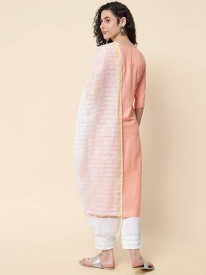 Peach embroidered cotton Kurta Pant With Dupatta 4