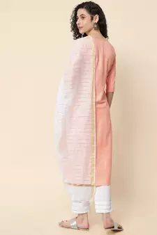 Peach embroidered cotton Kurta Pant With Dupatta