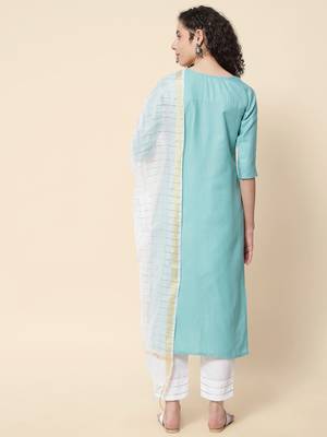Aqua-blue embroidered cotton Kurta Pant With Dupatta 4