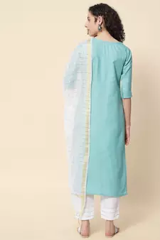 Aqua-blue embroidered cotton Kurta Pant With Dupatta