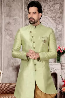 Green embroidered art silk sherwani