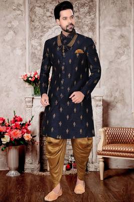 Blue embroidered brocade sherwani 1