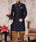 Blue embroidered brocade sherwani