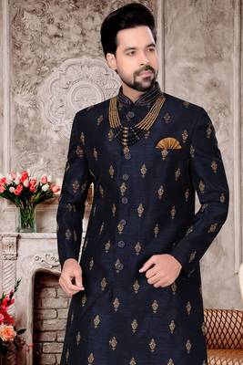 Blue embroidered brocade sherwani 2