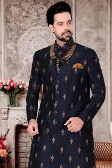 Blue embroidered brocade sherwani