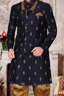 Blue embroidered brocade sherwani