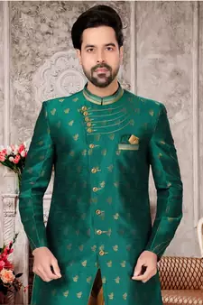 Green embroidered brocade sherwani