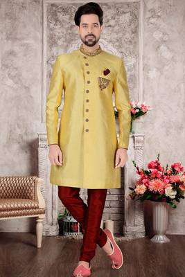 Fawn embroidered art silk sherwani 1