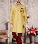 Fawn embroidered art silk sherwani