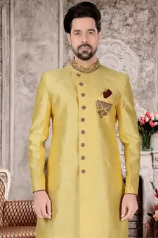 Fawn embroidered art silk sherwani