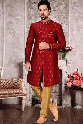 Maroon embroidered brocade sherwani 1