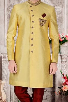 Fawn embroidered art silk sherwani 3