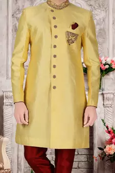 Fawn embroidered art silk sherwani