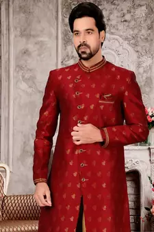 Maroon embroidered brocade sherwani