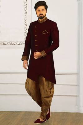 Maroon embroidered art silk sherwani 1