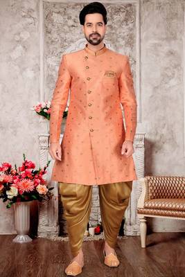 Beige embroidered brocade sherwani 1