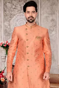 Beige embroidered brocade sherwani