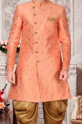 Beige embroidered brocade sherwani 3