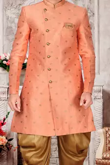 Beige embroidered brocade sherwani