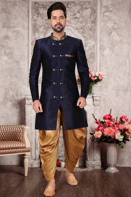 Blue embroidered art silk sherwani 1