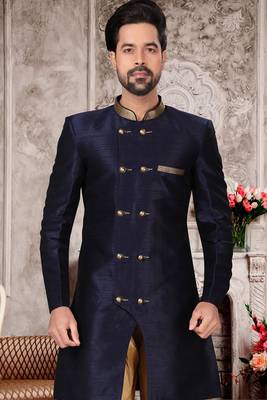 Blue embroidered art silk sherwani 2