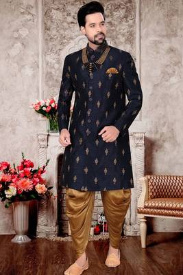 Blue embroidered art silk sherwani 1