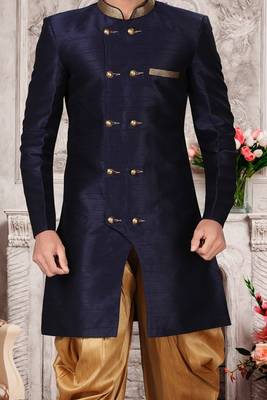 Blue embroidered art silk sherwani 3
