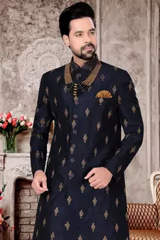 Blue embroidered art silk sherwani