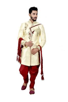 Fawn embroidered brocade sherwani 1