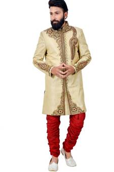 Fawn embroidered brocade sherwani